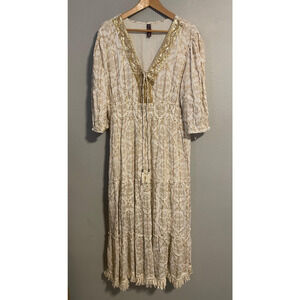 Me 2 Magic Dress Womens 3X White Gold Floral Boho Sequin Maxi Tassel Trim